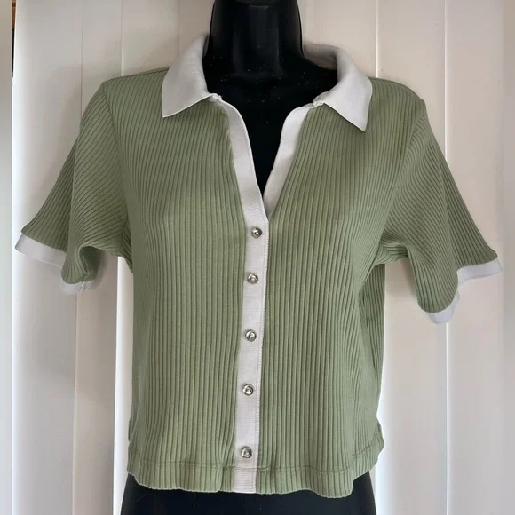 Green Ribbed 90’S Cropped Tee - Picture 1 of 5